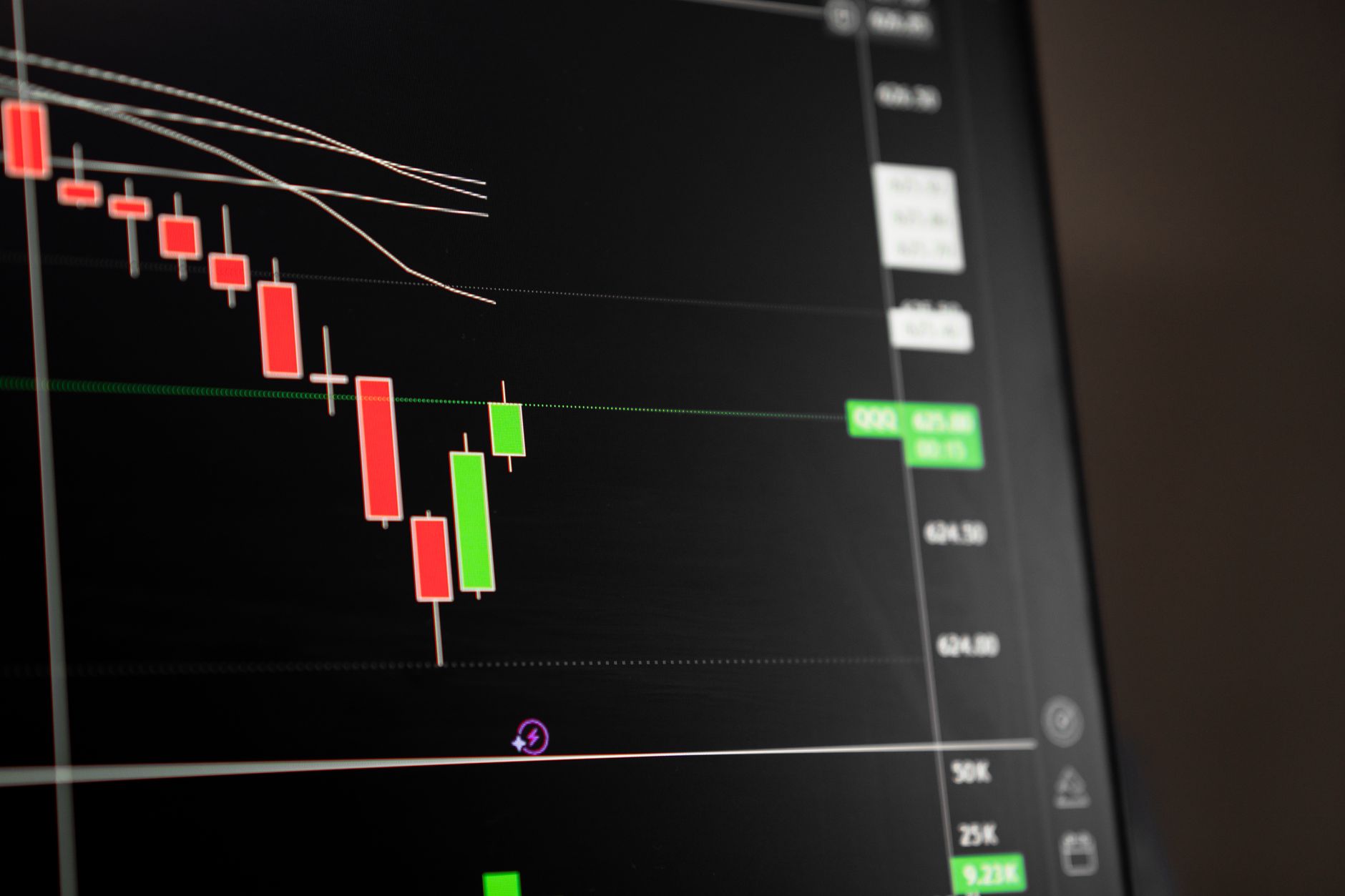 Uma tela de trading mostra preços baseados em eventos, representando contratos de mercados de previsão.