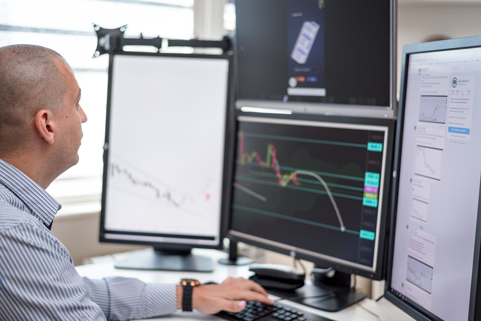 Trading monitors on a broker operations desk, illustrating the systems used by a Cyprus-regulated FX firm.