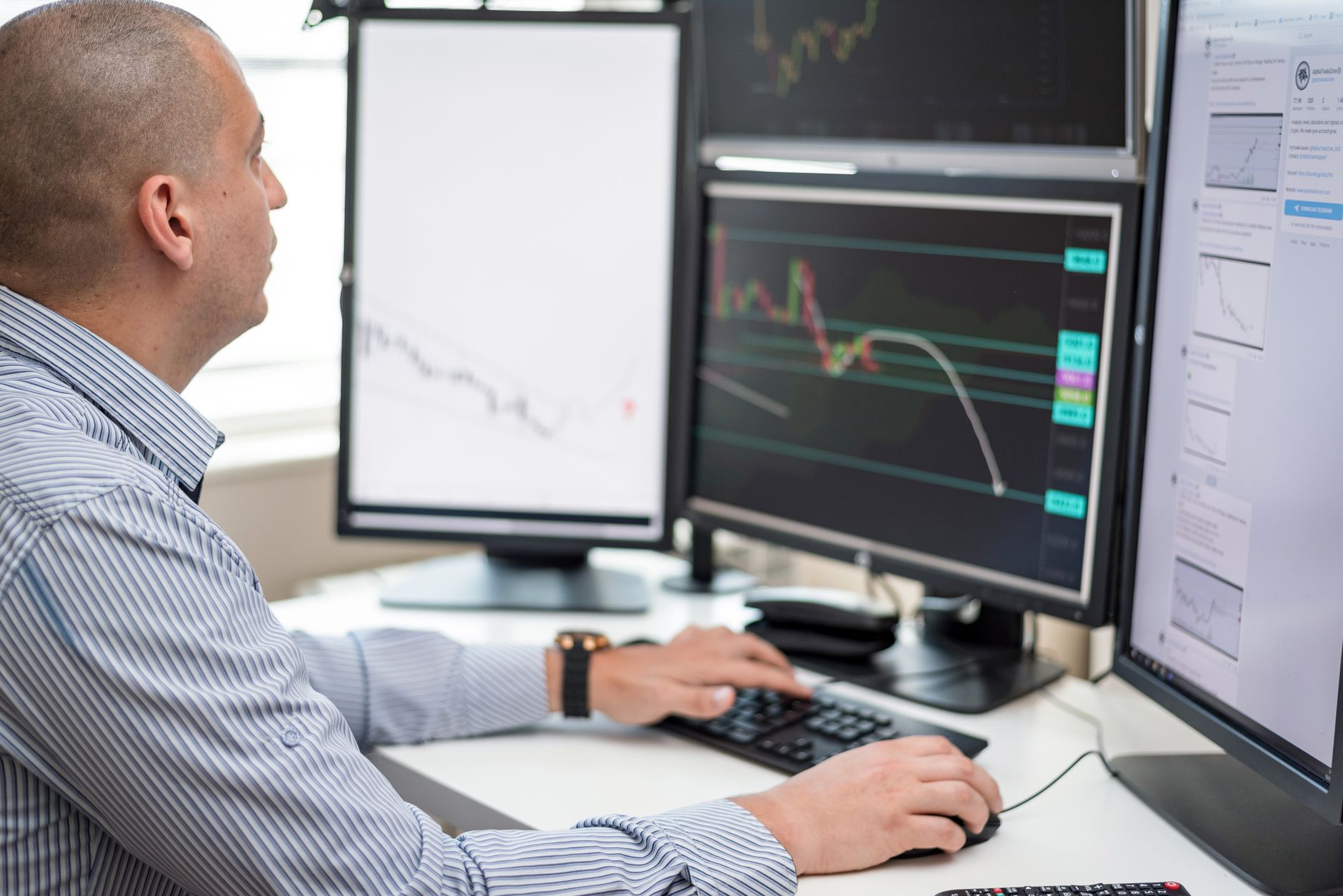 Gráficos de mercado em monitores de uma mesa de trading, ilustrando as responsabilidades de trading e risco associadas ao cargo de Mark Chesterman na OANDA.